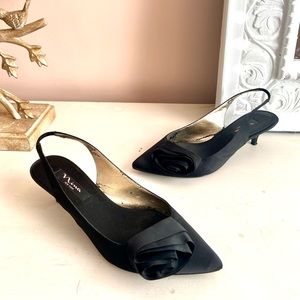 Nina Black Sling Back Pointed Toe Kitten Heel Flower detail Shoes
